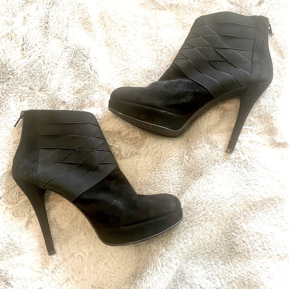 Stuart Weitzman Black Suede Platform Ankle Booties with Layered Straps